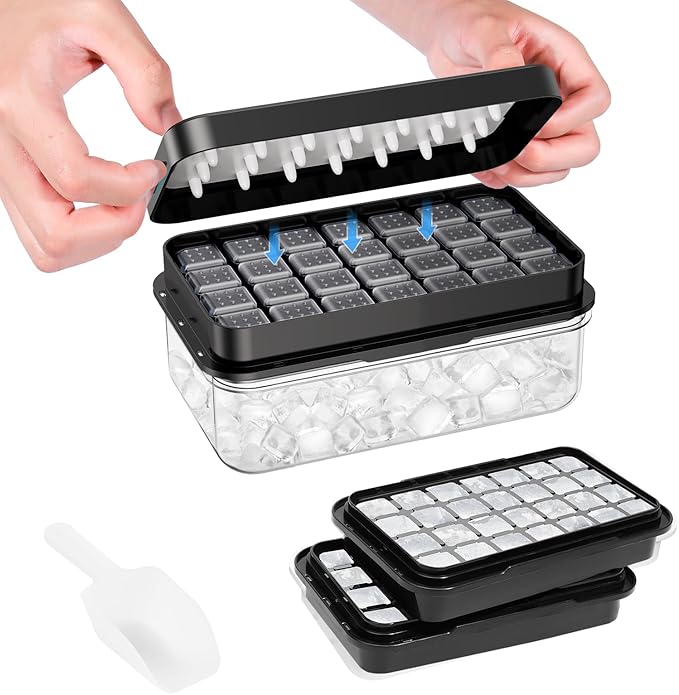 Ice Cube Tray with Lid and Bin, Easy Release 56 Cubes for Freezer | Food-grade BPA-free PP and ABS. Ice cubes for fruit, cocktails, iced coffee. Space-saving stackable with scoop