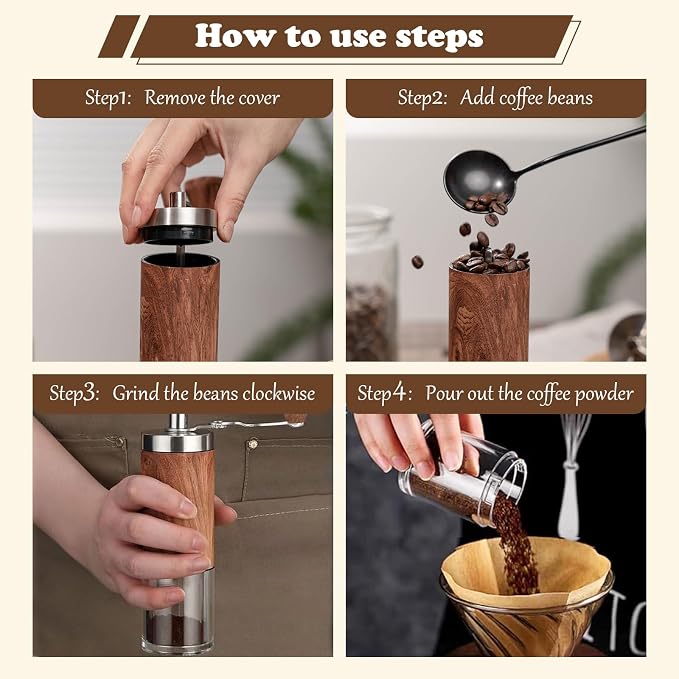 Manual Coffee Grinder, Portable Coffee Grinder, Burr Mill, Foldable Crank | Fine-to-coarse grind adjustment, stainless steel body, clear grounds cup and cleaning brush for home, office or travel.