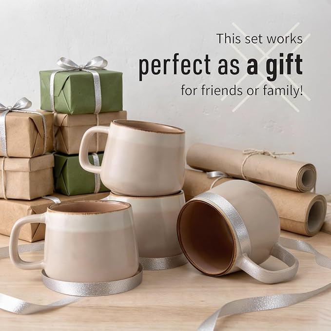 Ava Nord Stoneware Ceramic Coffee Mugs Set of 4 | 12 oz | Rose Sand | Lead-Free, Non-Toxic, Freezer - Microwave & Dishwasher Safe, Comfortable Handle, Aesthetic Nordic Design for Cappuccino