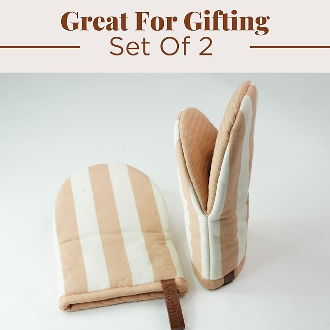 Folkulture Oven Mitts, Striped Cream, Set of 2, Heat Resistant - (5.75"x9") | 100% Cotton, Non Slip, Silicone, Cute Striped Mini Mits with Hanging Loop, Kitchen Décor, Cooking Gifts, New Home Essentials