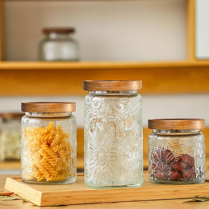 Glass Storage Containers With Lids, Glass Jars With Lids, 32oz, Set Of 3 | Airtight Glass Food Storage Containers, Kitchen Canisters For Sugar, Coffee, Tea, Spice, Flour, Candy, Pasta, Cereal