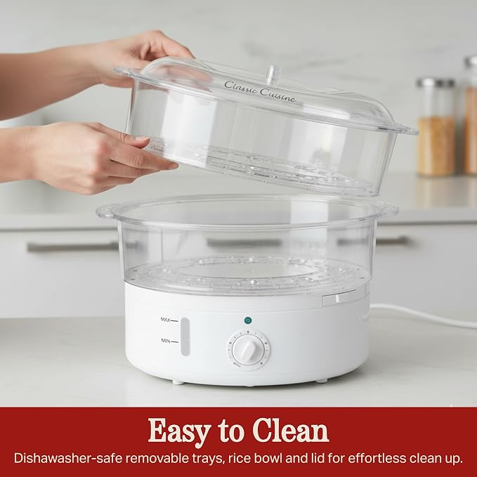 Classic Cuisine 2-Tier Vegetable Steamer and Rice Cooker, 120V 60Hz 800W | 6.3 Quart Electric Steamer for Cooking Healthy Fish, Eggs, Vegetables, Rice, and Baby Food