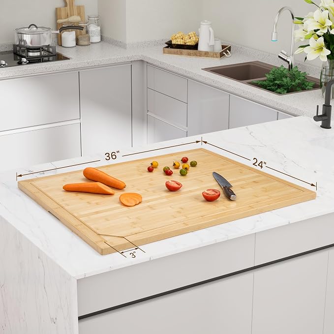 36"x24" Bamboo Cutting Board - 4XL Extra Large Butcher Block with Non-Slip Juice Groove & Handle, Multi-Functional Stove Cover/Charcuterie Board for Kitchen, BBQ, RV (1.25" Thick, Natural)