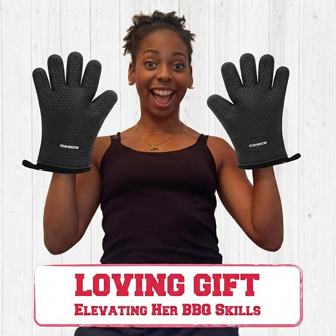 KITCHEN PERFECTION S Silicone Smoker BBQ Gloves - Heat Resistant Oven Mitts | Made For Women, Waterproof, 5-Finger Design For A Better Grip, For Meat Smoking, Grilling, Cooking, Frying Turkey, Grill Gift