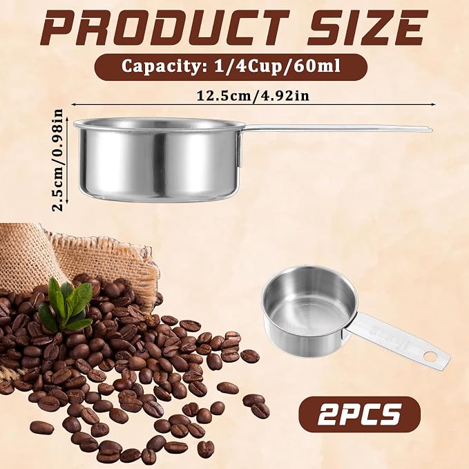 2 Pcs 1/4 Cup Stainless Steel Measuring Cup, 60 ml 2 oz Stainless Steel Measuring Cups Metal Coffee Scoop Cat Food Scoops for Wet and Dry Ingredients Cooking Baking Kitchen, Dishwasher Safe