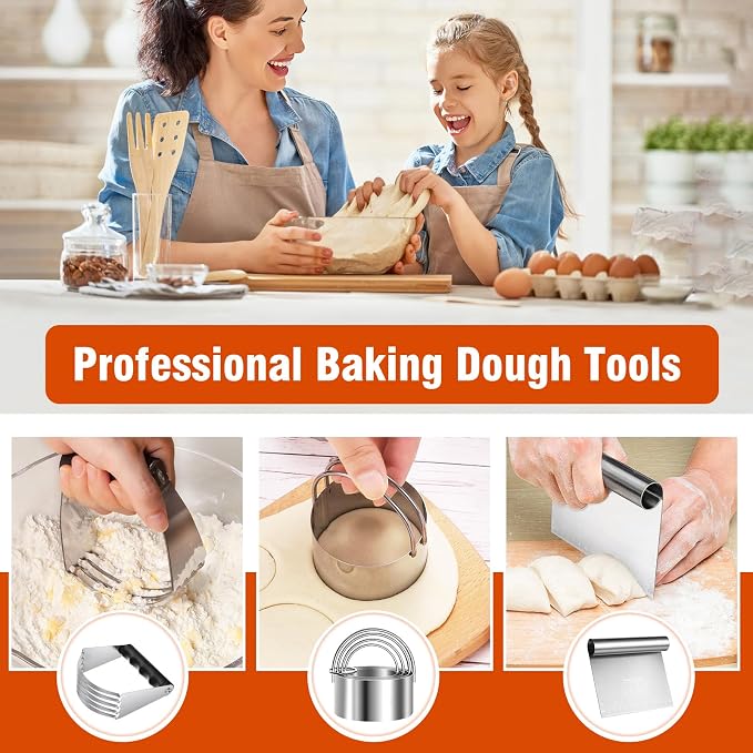 Stainless Steel Biscuit Cutter Set, Pastry Scraper and Dough Blender, Sturdy & Long-Lasting with Ergonomic Rubber Grip, Baking Dough Tools for Cooking Cookies and Donuts, Cakes, or Making Pancakes
