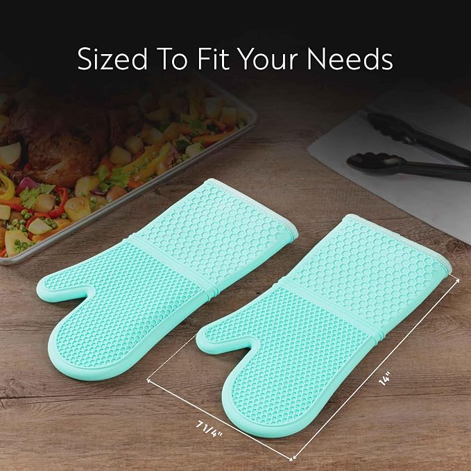 Comfy Grip 14 x 7.3 Inch Thick Baking Mitts, 1 Food-Grade Cooking Glove Set - 2-Piece Set, Heat-Resistant, Turquoise Silicone Oven Mitts, Honeycomb Texture, With Soft Cotton Lining - Restaurantware