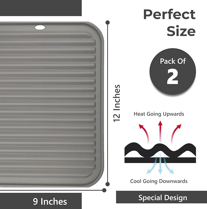 Silicone Trivets for Hot Dishes, Pots, Pans (2 Pack) - Heat-Resistant Pot Holders for Kitchen Countertop Mats - Silicone Trivet Mat (9 x 12 Inch) - Multipurpose Counter Pads (Grey)