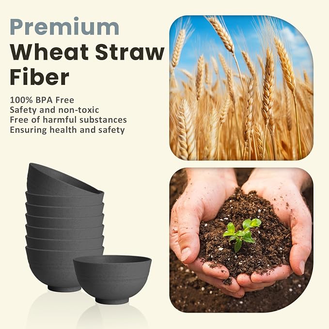Wheat Straw Small Bowls, Dessert Bowls for Kitchen, Camping, Party, Unbreakable Mini Bowl Set of 8, 10 OZ Microwave and Dishwasher Safe Appetizer Bowl,Yogurt Bowls Set (Dark Grey)