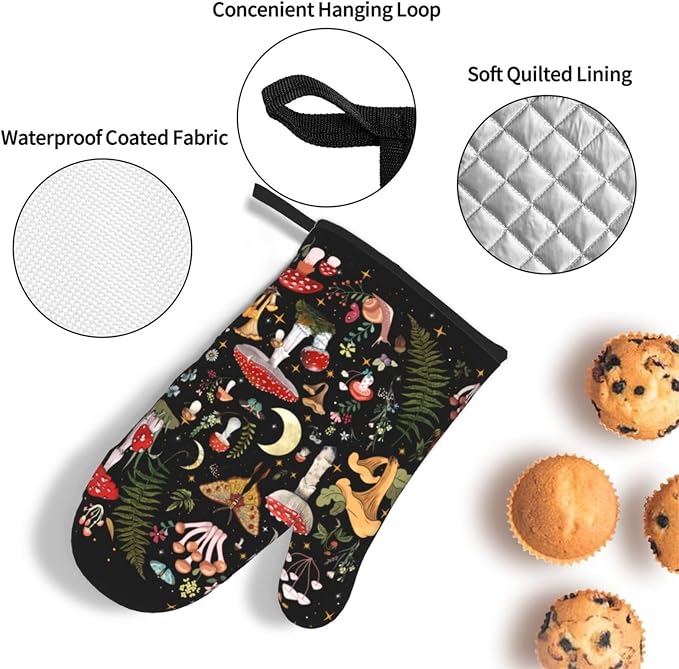 Black Mushroom Oven Mitts and Pot Holders Sets of 3 Witchy Hot Pads | Heat Resistant Oven Gloves for Cooking Grilling Baking Kitchen Decor Aesthetic, Witchy Gifts Mushroom Gifts for Women