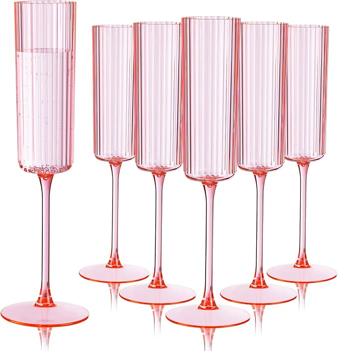 Ciaell 24 Pack Pink Plastic Champagne Flutes for Mimosa Bars | 6 oz Pink Long Stem Vintage Ribbed Mimosa Glasses, Heavy Duty Plastic, Champagne Mimosas Wine Cocktails for Weddings Parties