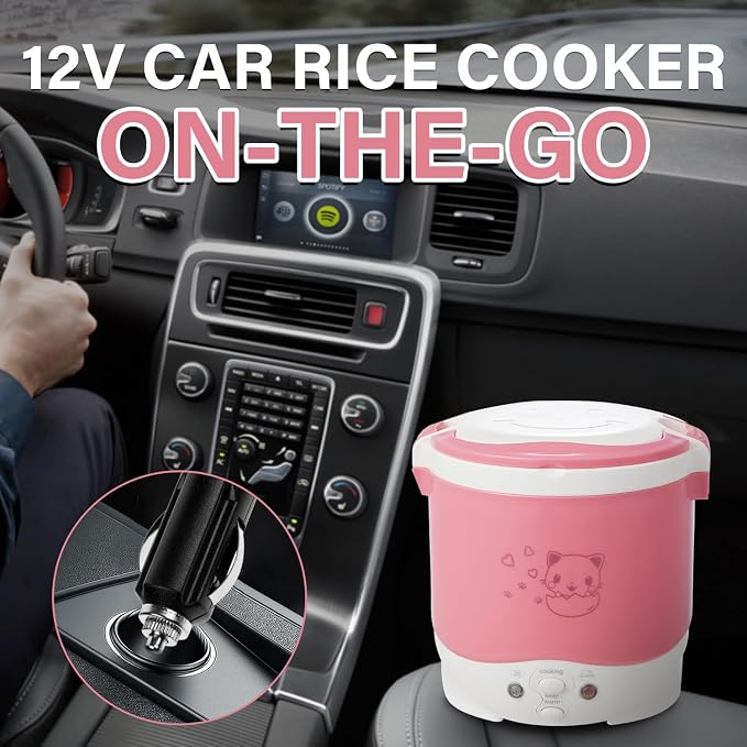 OSBA 12V Rice Cooker for Car 1L Mini Rice Cooker with Steamer, Pink | 2Cup Portable Travel Rice Cooker for 1-2 People, Cooking Heating & Auto Keeping Warm Function, Used as an Electric Lunch Box