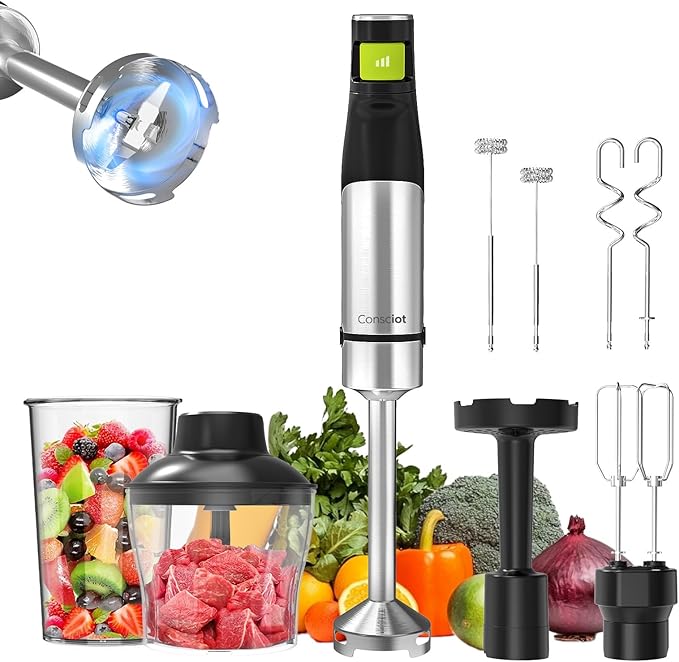 Consciot 7-in-1 Immersion Blender Handheld Max 1100W, Trigger Speed Control | Stick Emulsifier with Entire Stainless Steel Blender Shaft, 800ml Beaker, 600ml Chopper, Beaters, Frothers, Hooks & Masher