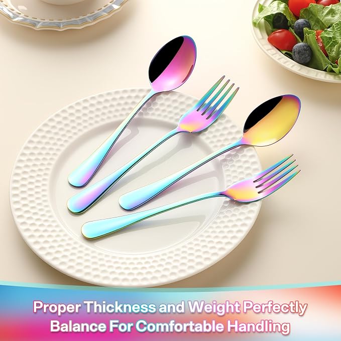 12 Pieces Spoons and Forks Set,Food Grade Stainless Steel Flatware Cutlery Set,6 Forks and 6 Spoons Silverware Set for Home,Kitchen,Restaurant-Mirror Polished & Dishwasher Safe(Rainbow)
