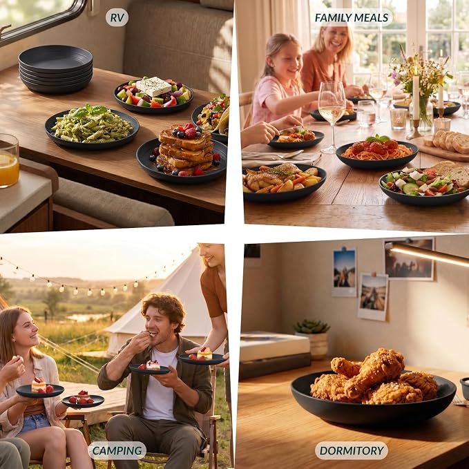 Wheat Straw Plates Unbreakable Deep Dessert Plates Set of 8 Plastic Plates Reusable Microwave Safe Plate for Kitchen Camping Party Dishwasher Safe Stackable Appetizer Plates (8in, Black)