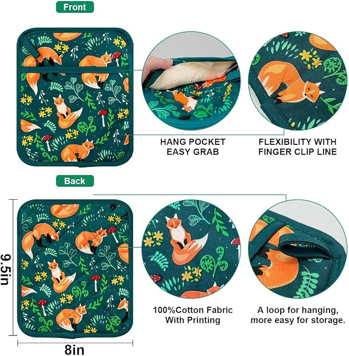 Pot Holders Set of 2 Heat Resistant 480℉ Kitchen 100% Cotton | Comfortable Lining Printing Fox Flower Women Men Home Cooking Baking Microwave BBQ Gift(fox flower)