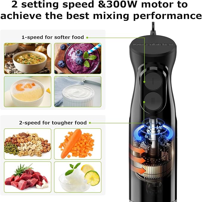 Bonsenkitchen Immersion Hand Blender, Smoothie, Puree, Baby Food | Electric Handheld Mixer Portable Stick Mixer with Stainless Steel Blades for Soup, Emulsion Blender with 2 Mixing Speed
