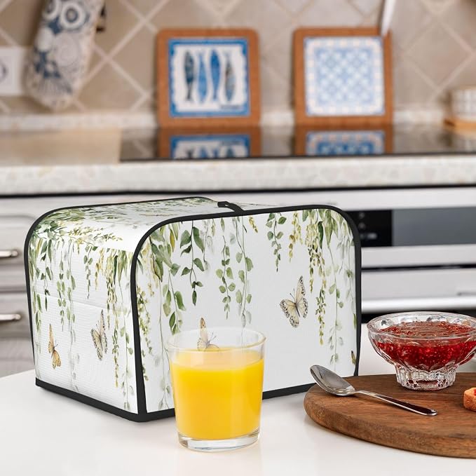 4 Slice Toaster Cover Butterfly Watercolor Botanical Leaf Dust Proof Washable Kitchen Appliance Cover with Pocket, Oxford Fabric Countertop Toaster Protector for Standard Toasters Small Appliances