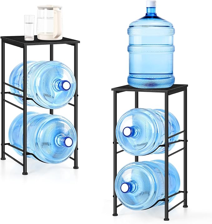 OYEAL Water Bottle Holder 5 Gallon Water Jug Holder with Storage Shelf, 2 Tier Black Water Bottle Rack Stand with 2 Slots for Small Space, Kitchen, Home Office, Living Room
