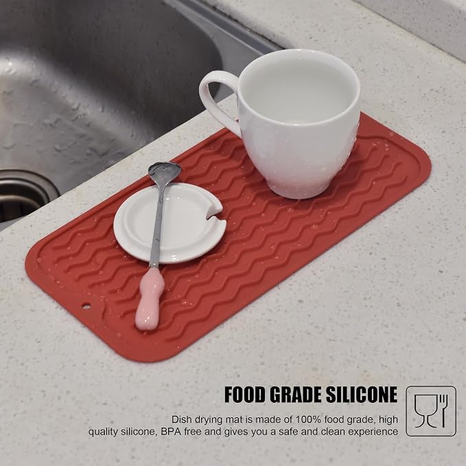 Silicone Dish Drying Mat, Non-Slip Easy Clean Sink Mat, Red, 12" x 6" | Quick-Dry Ridges, Large Heat-resistant Dish Drainer Mat for Kitchen Counter, Hangable & Roll-Up for Storage, Dishwasher Safe