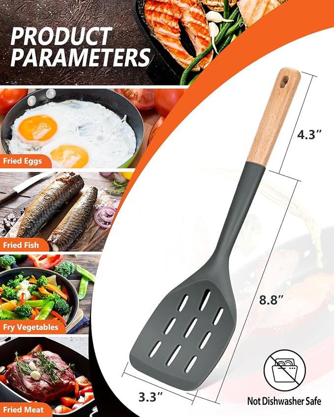 Pack of 2 Silicone Spatula, Non Stick Cooking Utensil Set Wooden Handle Kitchen Turner for Baking Mixing Grilling Serving Food Heat Resistant Non Scratch Hooks Included (Grey)