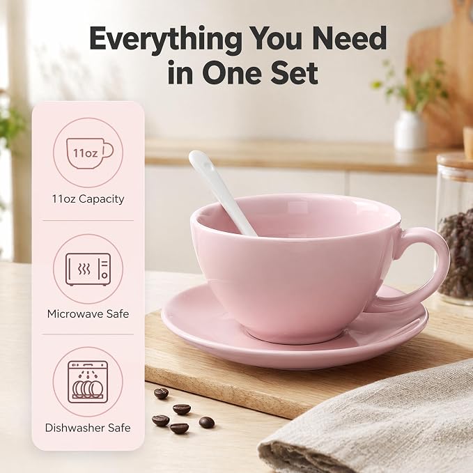 DeeCoo 11 oz Pink White Cappuccino Mug- Large Ceramic Coffee Cup with Saucer - Microwave and Dishwasher Safe, Perfect For Tea, Espresso, Latte - Porcelain Set for Kitchen or Cafe, Baristas, Great Gift