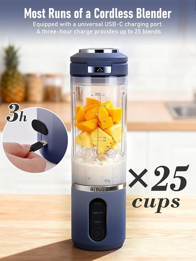 RITUS Cordless Portable Blender,Juice Blender,Removable Vessel-for-Smoothies Blend Ice Crush 3 Programs,20oz BPA Free Vessel Magnetic-Ring Dishwasher Safe, Leakproof，Blue