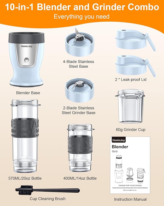 Smoothie Blender, 650W Personal Blenders for Shakes and Smoothies with Grinder Cup & 2 BPA-Free Portable Cups (20oz+14oz), Portable Blender for Juices, Smoothies Maker for Kitchen, Blue