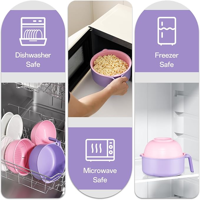 MEACOLIA Large Ramen Bowl Set, Microwave Noodle Pasta Cooker with Lid and Strainer, with Stainless Steel Chopsticks, Spoon, Fork, College Dorm Room Essentials for Girls for Boys (Pink)