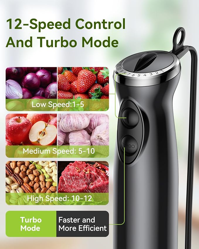 1000W 5 in 1 Immersion Blender Handheld BPA-Free 12 Speed Hand Mixer Stick | 304 Stainless Hand Blender, Mixing Beaker, Chopper, Whisk, Milk Frother, Soup, Smoothies, Baby Food, Sauce
