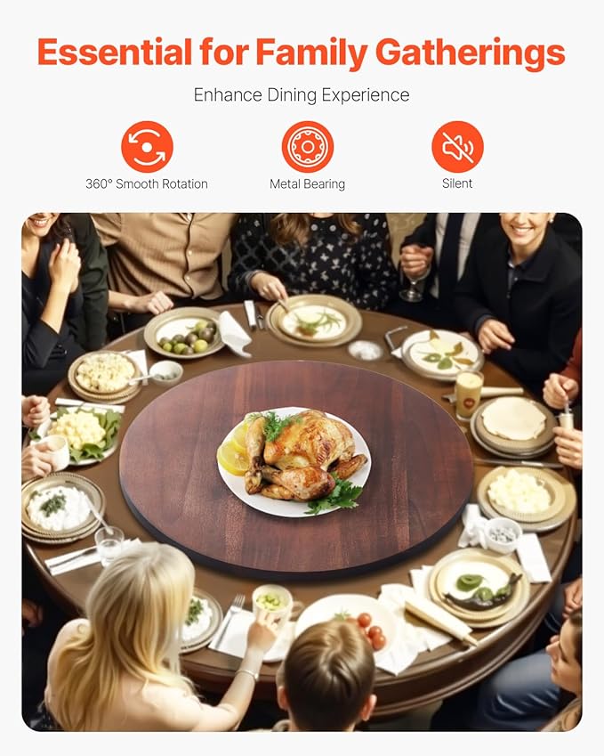 VEVOR 24 in Wood Lazy Susan Turntable, 360° Rotation Round Clear Tabletop Rotating Tray, Acacia Wood Dining Table Centerpiece, Smooth and Silent Spin, for Family Gatherings, Banquets and Weddings