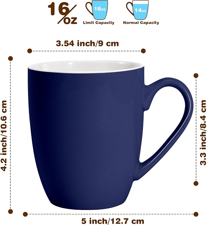 Urbanstrive 16 oz Large Coffee Mugs Set of 6 Ceramic Coffee Mug White Coffee Cups Tea Cups Idea Gift for Women Men House Warming Gifts New Home Office, Dark Blue 6 Pack