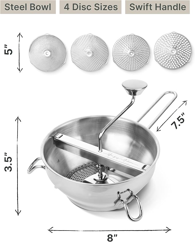 Hungry Artisan 4-Disc Food Mill for Jams, Purees & Silky Sauce | Stainless steel, ergonomic rotary crank; also for tomato sauce, canning, applesauce, baby food, berries & mashed potatoes