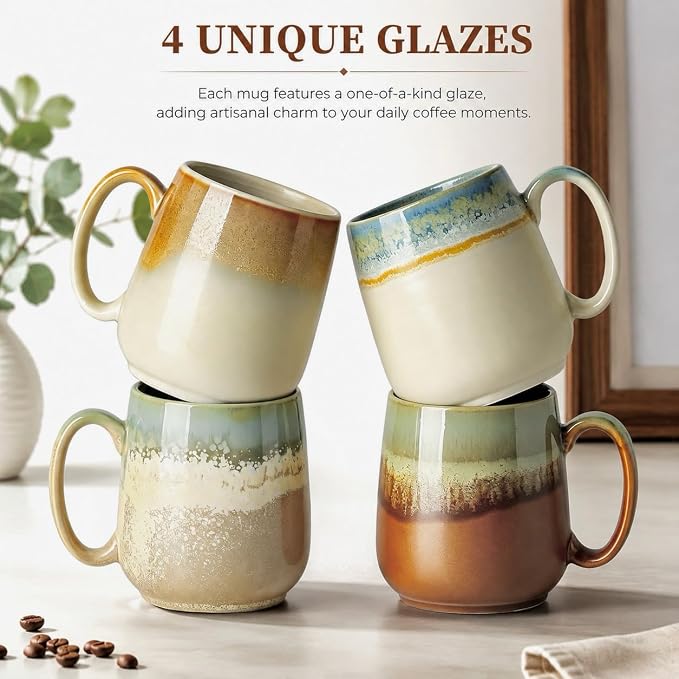 HASENSE Ceramic Coffee Mugs Set of 4, 16 oz Large Reactive Glaze Mugs | Everyday Capacity, 4 Unique Reactive Glazes, Durable Ceramic, Idea Gift Mug Set