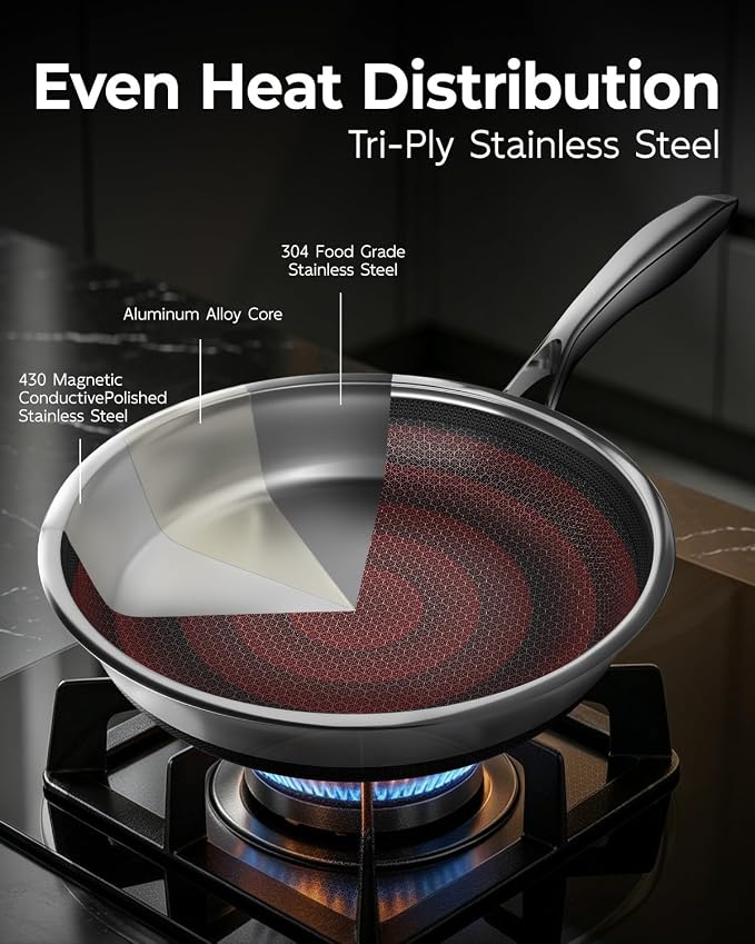 FogDream 8, 10, 12 Inch Stainless Steel Frying Pan Set with Lid, Honeycomb Hybrid Nonstick Skillet for Induction & All Cooktops, PFAS/PFOA/PTFE Free, Oven Safe 500°F, Silver