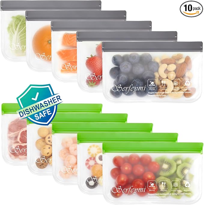 Serfeymi 10 Pack Reusable Freezer Snack Bags Dishwasher Safe, Extra Thick Reusable Plastic Bags BPA Free, Leak Proof Reusable Food Storage Bags for Home Organization, Marinate Meat, Cereal Travel