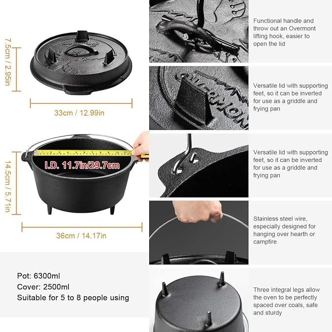 Overmont 9QT Cast Iron Dutch Oven - Pre-Seasoned Pot with Lid Lifter & Legs | Camping Dutch Oven with Cookbook, Cast Iron Pot with Skillet Lid Dual Handles, for Outdoor Campfire Cooking BBQ Grill Stove