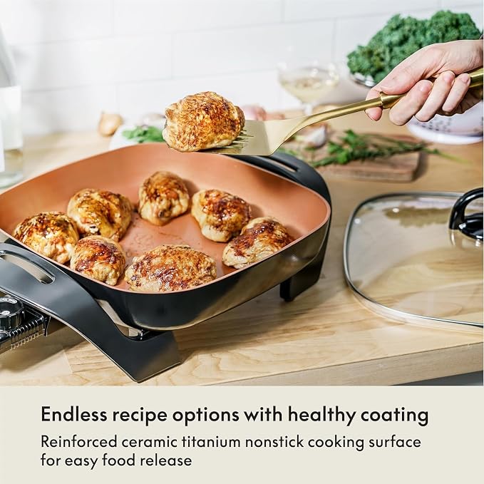 bella Electric Skillet and Frying Pan with Glass Lid, Nonstick Coating, Cool Touch Handles, Removable Heating Probe, Dishwasher Safe, 12 x 12 inch, Copper