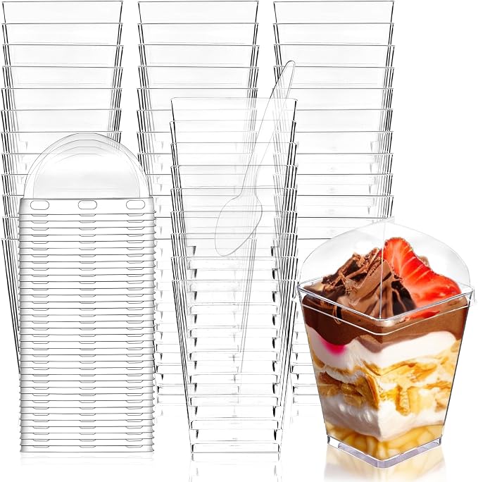 5 oz Plastic Dessert Cups with Lids and Spoons, 30 Pack | Clear Square Mini Reusable Parfait Appetizer Cups, Shooter Serving Cups, Party Dessert Shot Glasses for Tasting