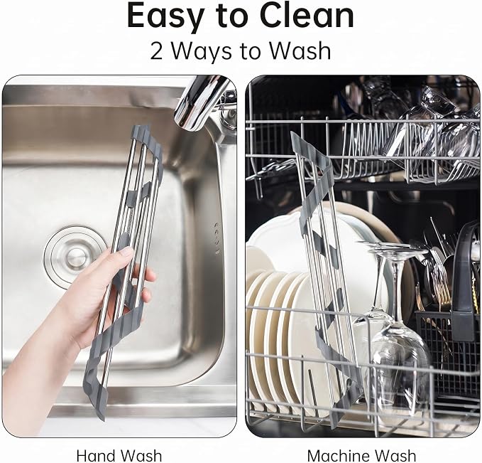 Tomorotec Triangle Roll Up Dish Drying Rack 304 Stainless Steel Dark Gray | BPA-Free Food-Grade Silicone Edges Foldable Waterproof Rustproof Heavy-Duty Space Saver Heat Resistant to 550°F