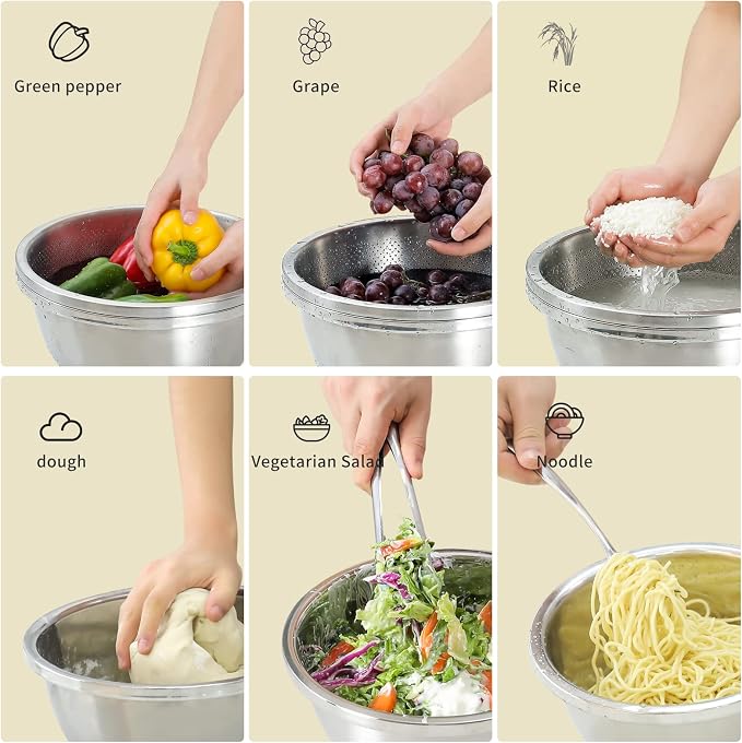 Paoli 304 Stainless Steel Fine Mesh Colander Set, 1.5QT Large Capacity Strainer with Mixing Bowl — Rinse Fruits, Veggies, Rice & Drain Pasta, Dishwasher Safe (2-Piece)