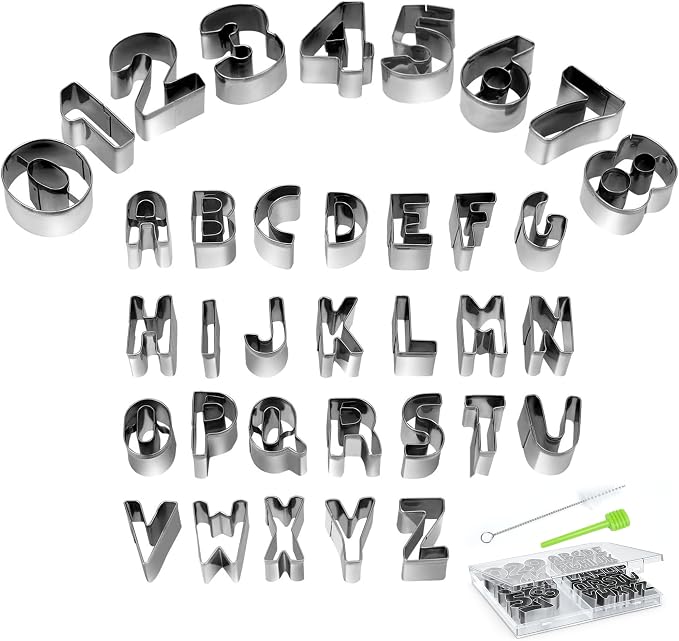Alphabet & Number Cookie Cutters Sets of 35 Pieces Mold Tools for Fondant Biscuit, Cake, Fruit, Vegetables, or Dough Stainless Steel