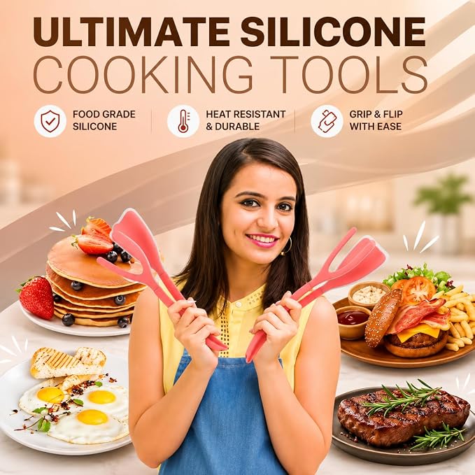 Silicone Egg Flipper Spatula Tongs (Set of 1) – Non-Stick 2-in-1 Grip & Flip Kitchen Tongs for Pancakes, Fish, Eggs, and More – Heat Resistant Cooking Tool (Red)