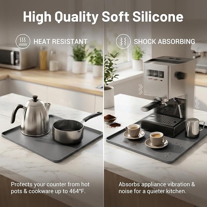 ZJWZLG Silicone Coffee Mat for Countertop, 16x16 inch - Heat Resistant Espresso Machine Mat with Raised Edge, Non-Slip Waterproof Station Pad, Compact Coffee Bar & Kitchen Accessories - Grey