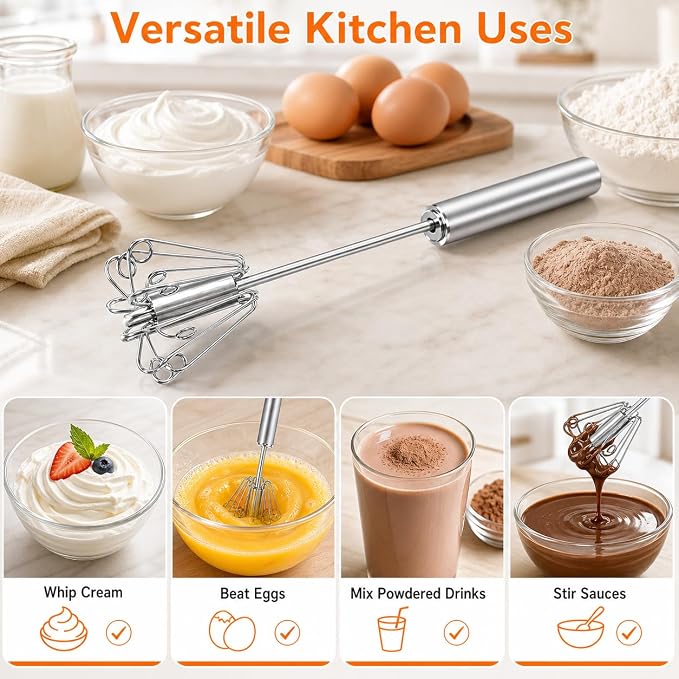 Qukaka Hand mixer egg beater,stainless steel semi automatic whisk,egg spinner,wisking tool,whipped cream dispenser,easy whisks for cooking,Beating&Stirring(12in)