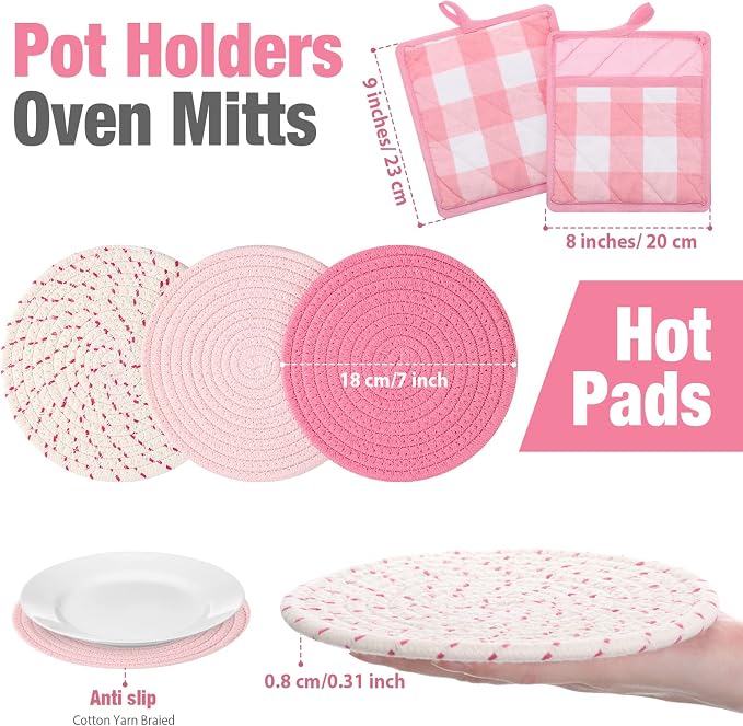 Pink Oven Mitts and Pot Holders 7 Sets, Pink White, Cotton, Plaid | Heat Resistant Kitchen Gloves, Pads Pot Holders for Women, Chritsmas Gifts Kitchen Accessories Gift