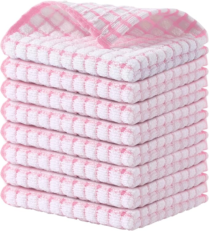 Kitinjoy Cotton 8 Pack Terry Kitchen Dish Cloths, Pink | 12 x 12 Inches Super Soft and Absorbent Dish Rags, Quick Drying Dish towels for Washing Dishes