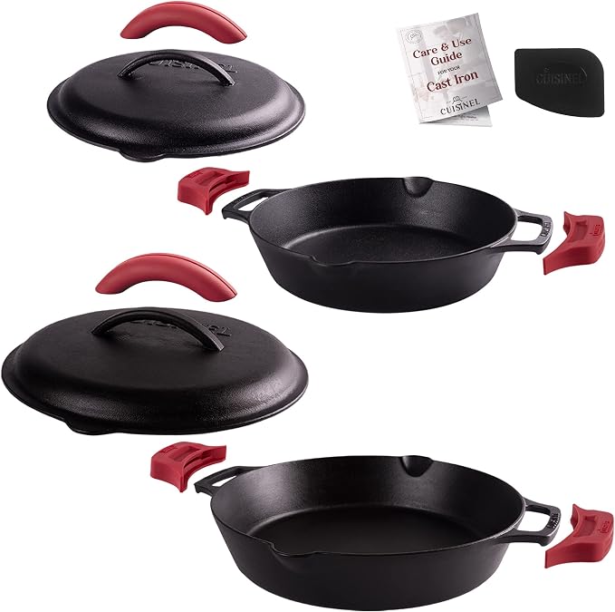 Cuisinel Cast Iron Skillet + Cast Iron Lid Set - 10+12"-Inch Dual Handle Frying Pans + Pan Scraper + Silicone Handle Covers - Preseasoned Indoor/Outdoor, Grill, Stovetop, Induction, Oven Cookware