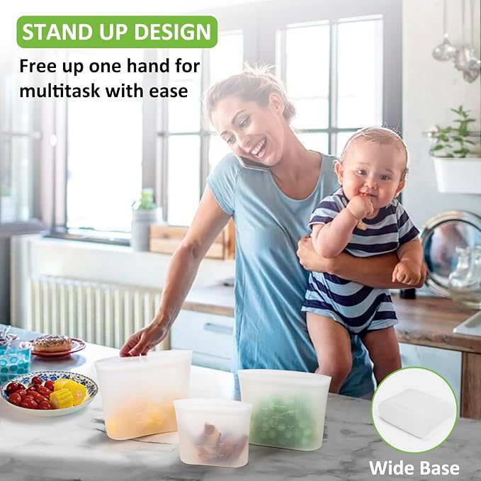 100% Silicone Reusable Storage Bag, 9 Pack Stand-Up Wide-Mouth Zip-Lock Food Storage Bags, Easy-Fill Easy-Open Easy-Clean Space-Saving, Microwave & Dishwasher Safe, 3 M/3 S/3 XS, Translucent