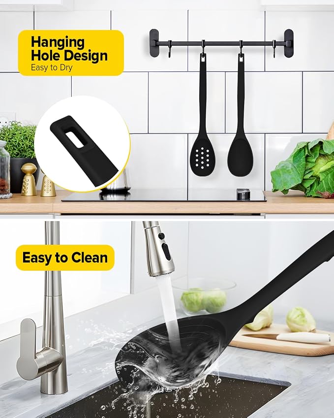 Pack of 2 Silicone Cooking Spoons, Non Stick Solid Kitchen Spoon with Measuring Marks & Back Hooks, Heat Resistant Silicone Slotted Spoon for Cooking, Mixing, Stirring,Serving (BLACK)